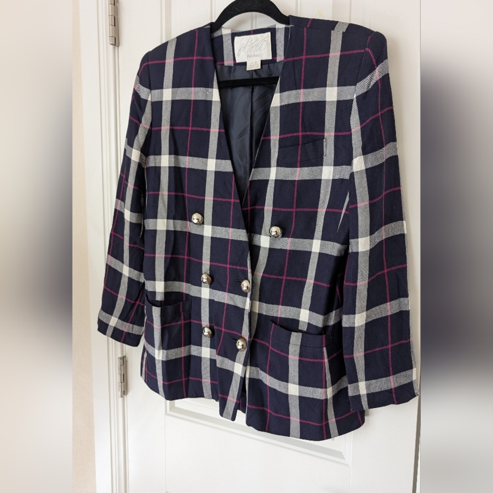 VTG Navy & Pink Plaid Double Breasted‎ Blazer - Picture 2 of 13